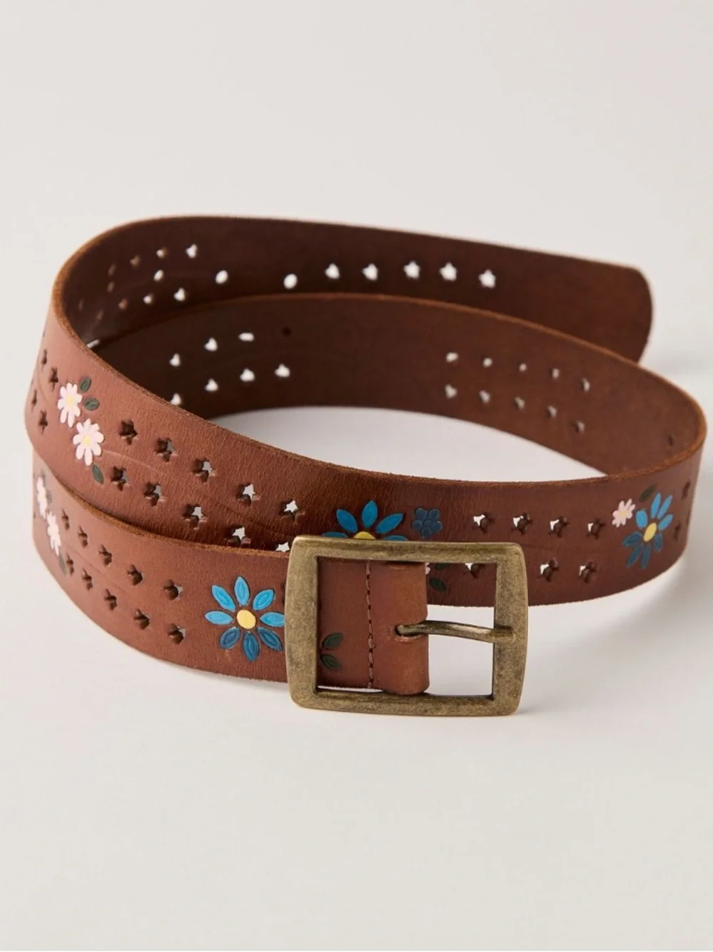 Free People Eye Candy Leather Floral Painted Brown Tan Belt NEW Size M/L
